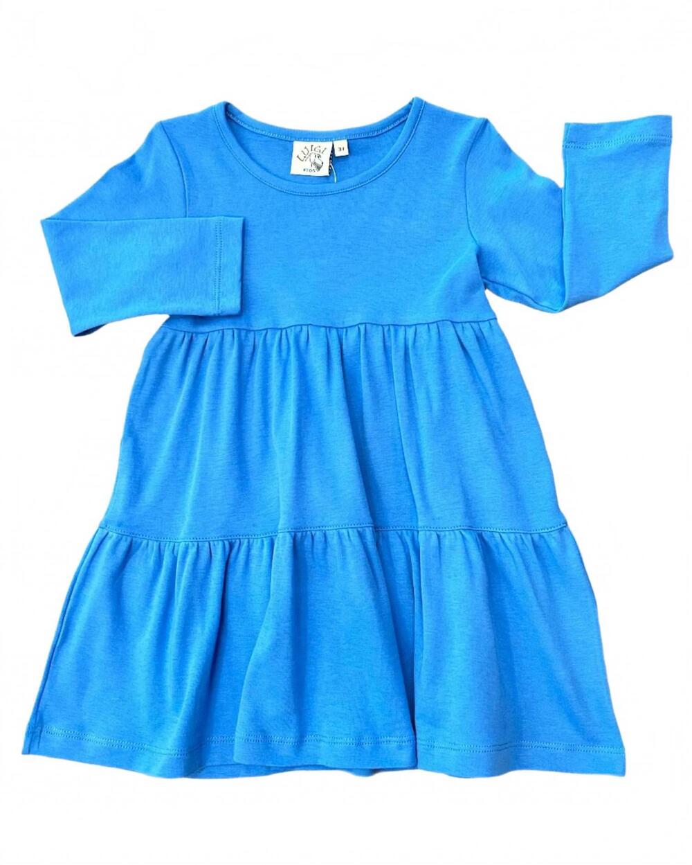 NEW LUIGI KIDS girl's solid tiered long sleeve dress in medium blue